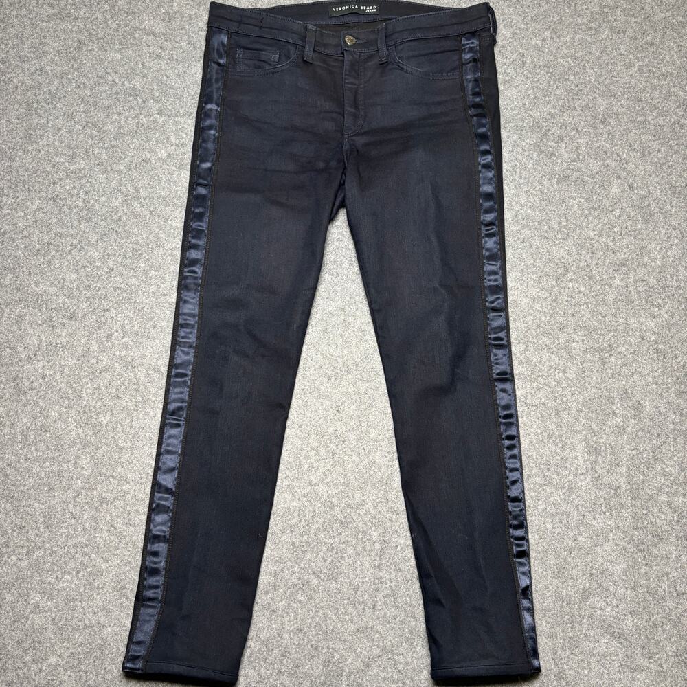 Veronica Beard Brooke 8.5" Skinny Black Satin Tuxedo Side Stripe Jeans Womens 32
